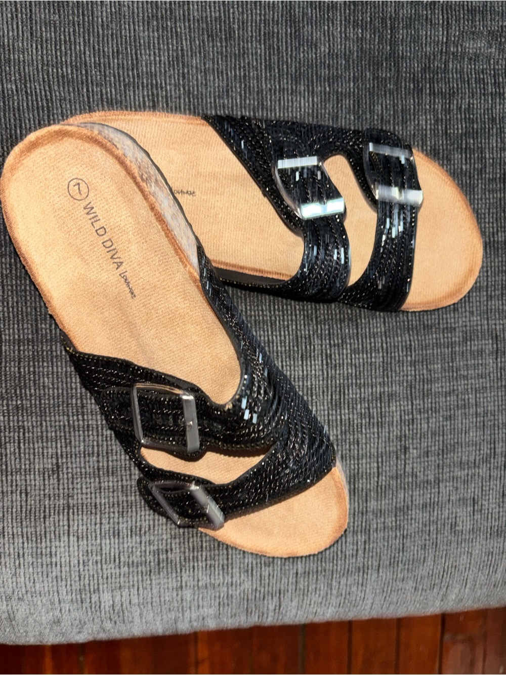 Wild Diva Black Dual-Buckle Slide Sandals with Shimmer
